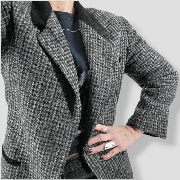 VINTAGE CASUAL CORNER Houndstooth Tweed Blazer Grey - Picture 3 of 17